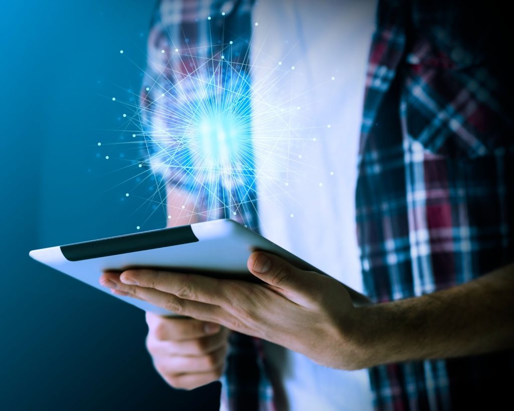 man using tablet work connect with others