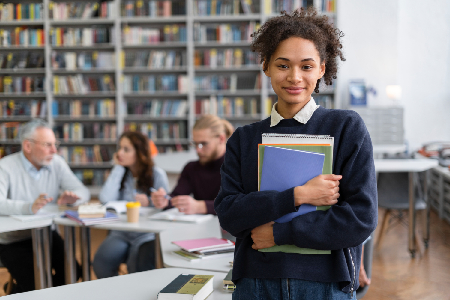 mulher em pé em uma sala de aula, segurando cadernos e alunos estudando no fundo.