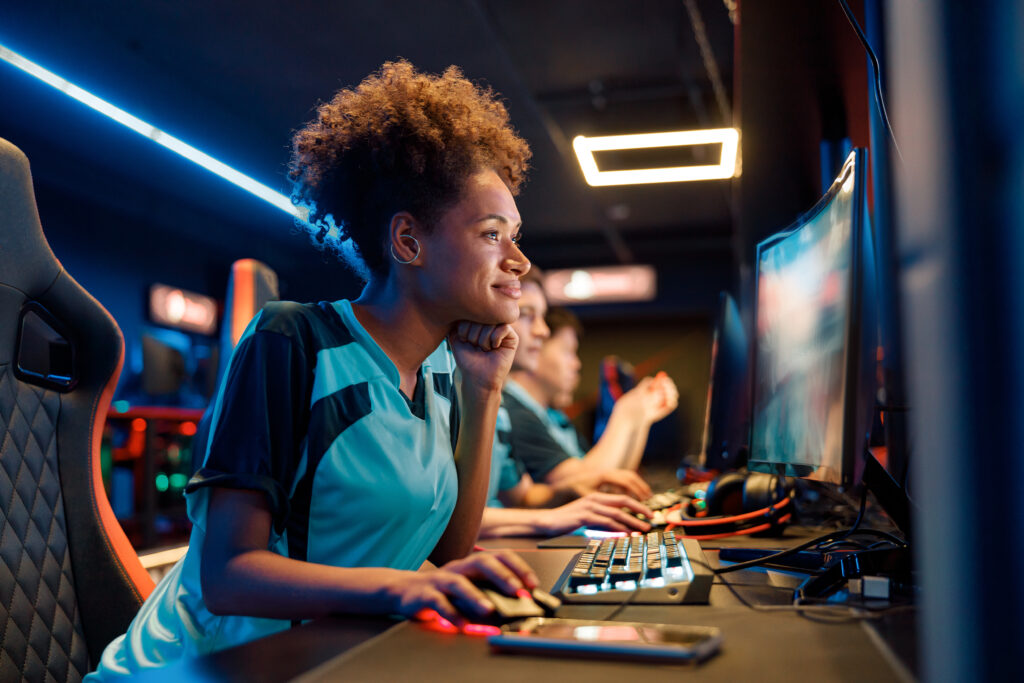 skillful woman gamer practicing in gaming arena in 2026 01 05 06 04 55 utc
